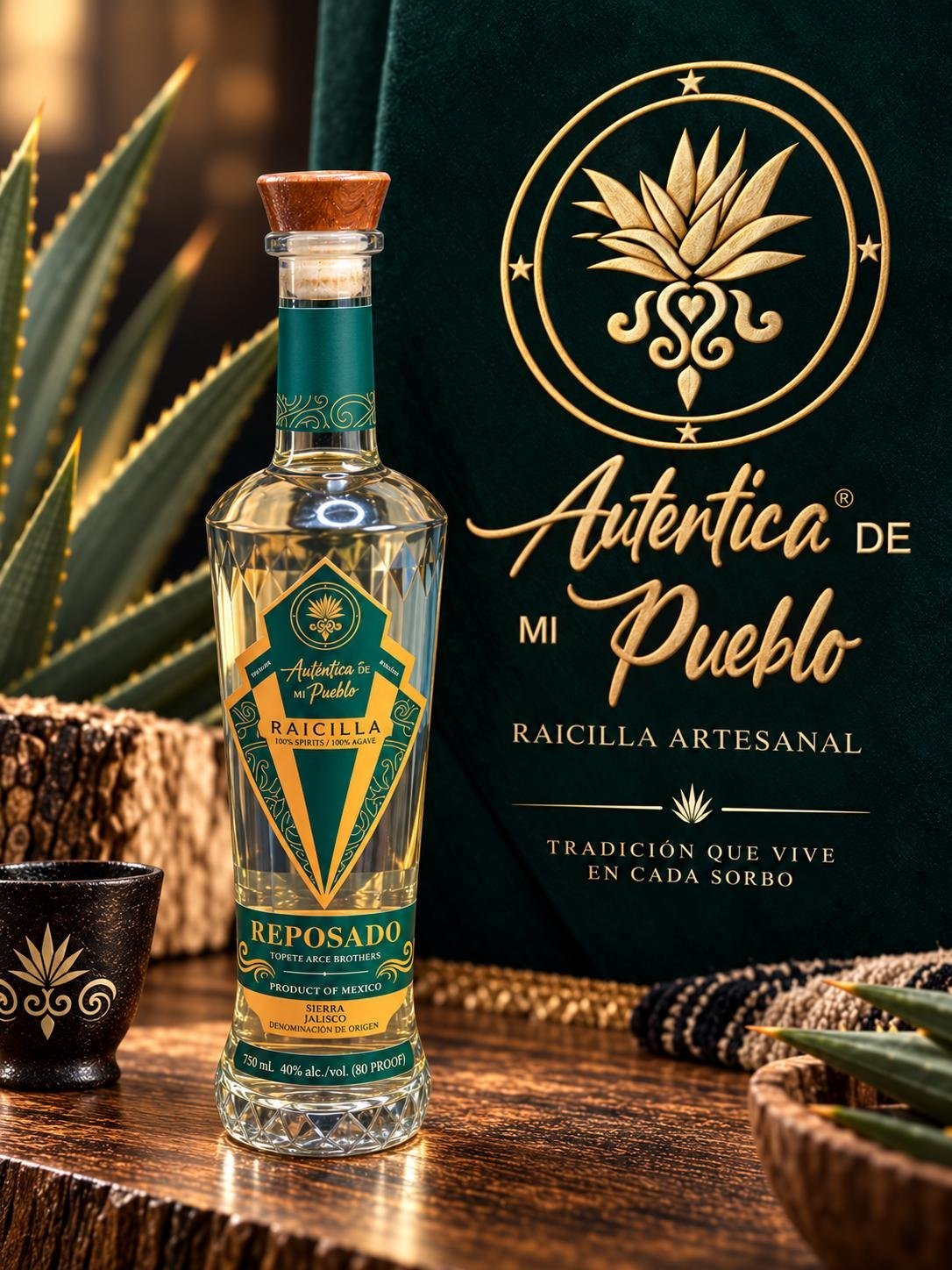 Bottle of Auténtica de Mi Pueblo artisanal raicilla on a wooden table with agave plants and branded packaging in the background